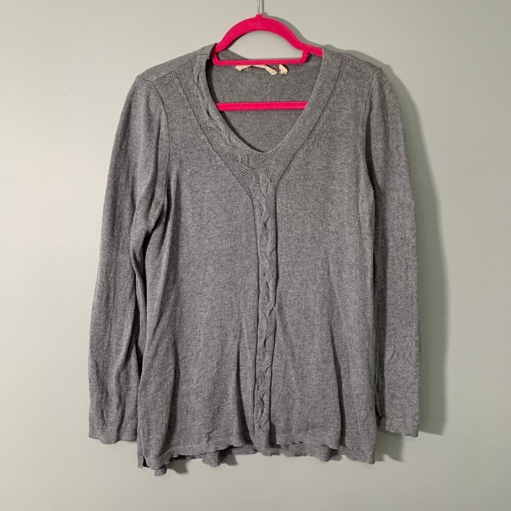 Soft Surroundings Gray Silk‎ Cashmere Blend Cable Knit V-Neck Sweater Large